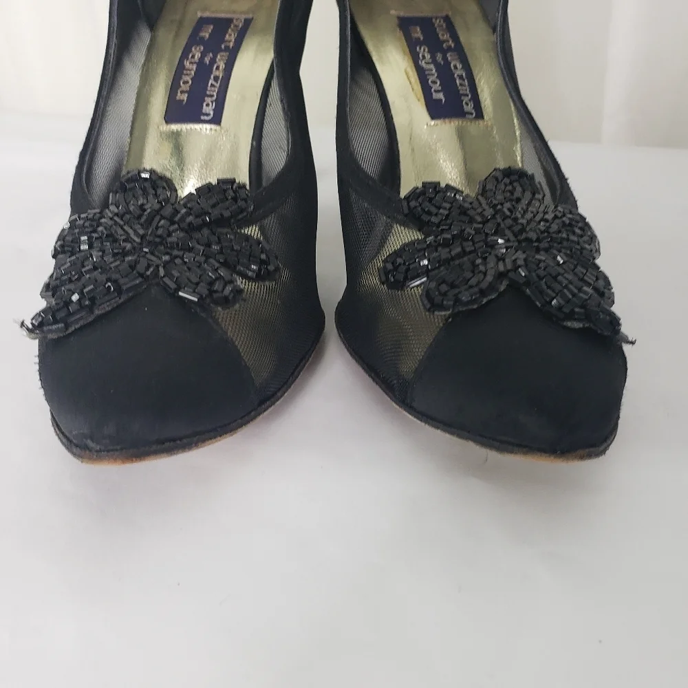 Vintage Stuart Weitzman for Mr. Seymour black satin mesh beaded pumps 8.5